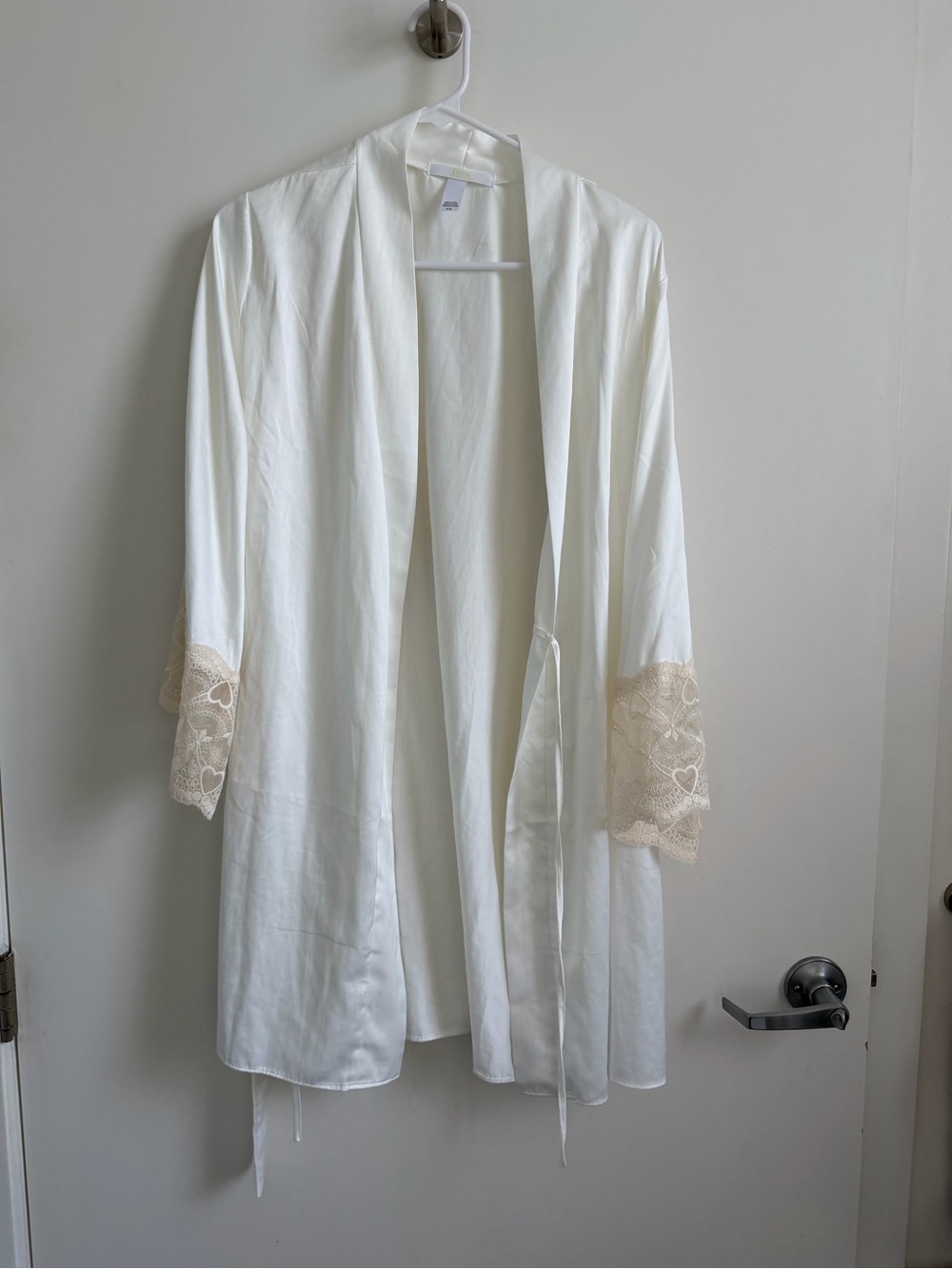 Flora Nikrooz White Satin Robe with Cream Lace Cuffs